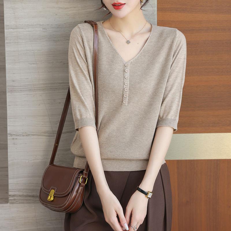 Женская трикотажная футболка с V-образным вырезом и средним рукавом, летнее платье для мам, свободная стильная трикотажная тонкая рубашка 3XL бежевый
Женская трикотажная футболка с V-образным вырезом и средним рукавом, летнее платье для мам, свободная стильная трикотажная тонкая рубашка 3XL бежевый