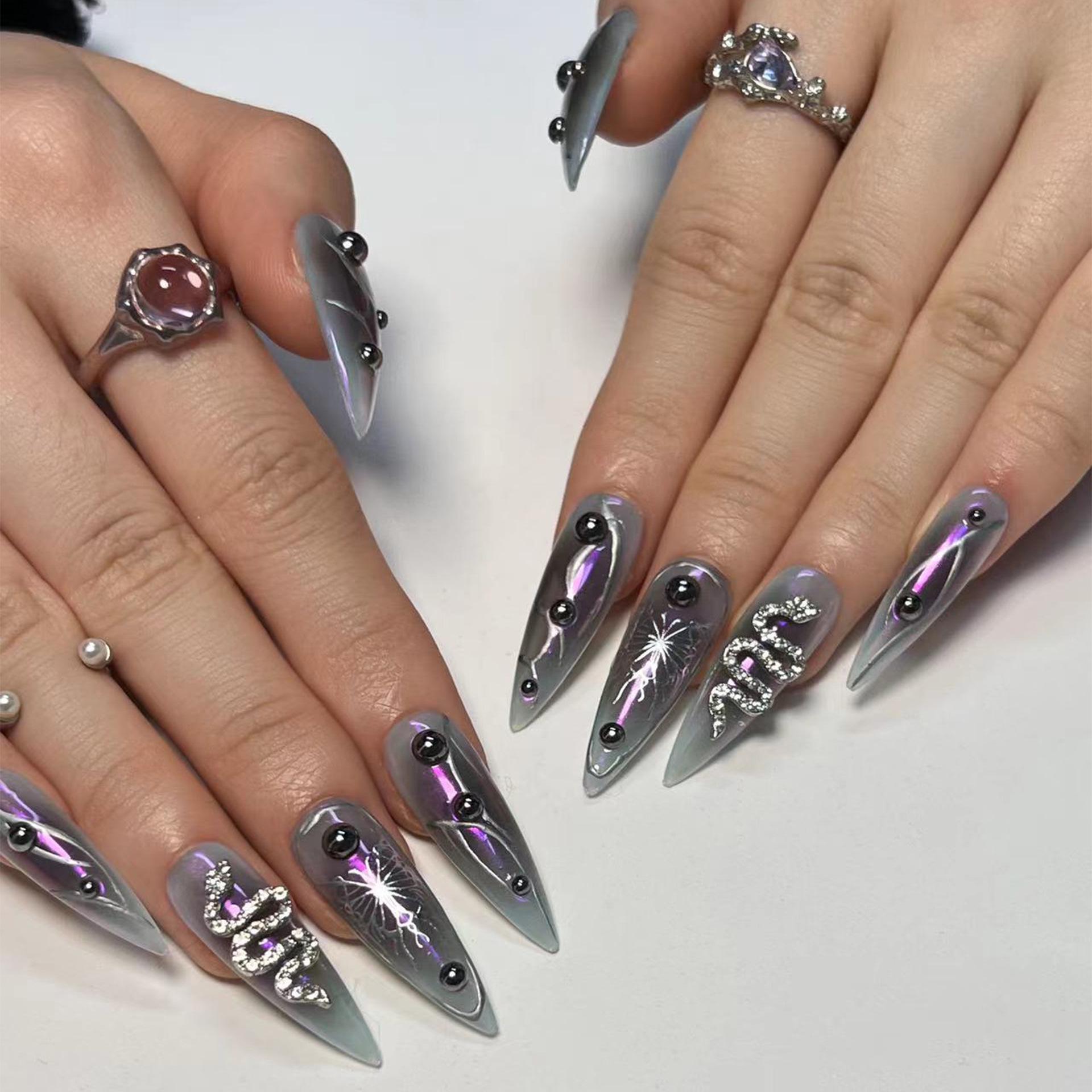 Y2K Dark Punk Style Wearable Nail Patches with Flashy Diamonds, Year of the Snake Design, Butterfly Art, Extra Long Pointy Fake Nails. GN017 Glue Type
Y2K Dark Punk Style Wearable Nail Patches with Flashy Diamonds, Year of the Snake Design, Butterfly Art, Extra Long Pointy Fake Nails. GN017 Glue Type