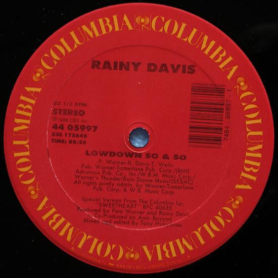 12inch Record RAINY DAVIS - Lowdown So & So 4405997 Columbia 1986 US Dance & Electronica Used
12inch Record RAINY DAVIS - Lowdown So & So 4405997 Columbia 1986 US Dance & Electronica Used