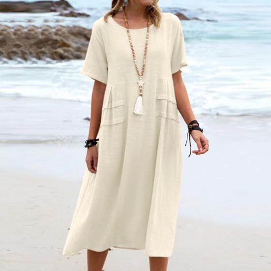 Летнее женское платье с круглым вырезом и короткими рукавами до середины икры, сплошной цвет, тонкий свободный пуловер трапециевидной формы, повседневный 
Летнее женское платье с круглым вырезом и короткими рукавами до середины икры, сплошной цвет, тонкий свободный пуловер трапециевидной формы, повседневный