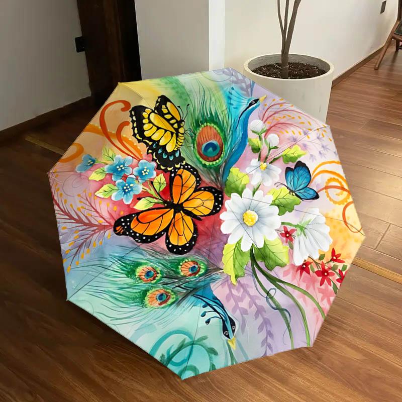 Peacock Feathers & Butterflies Automatic Folding Umbrella - Portable 3-Fold Design with Iron Frame, Perfect for Festivals, Travel, Daily Use
Peacock Feathers & Butterflies Automatic Folding Umbrella - Portable 3-Fold Design with Iron Frame, Perfect for Festivals, Travel, Daily Use