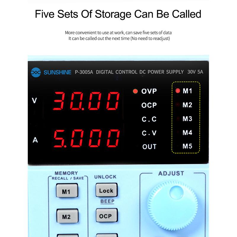 SUNSHINE P-3005A 30V 5A DC Laboratory Power Supply Digital Programmable Adjustable Voltage Regulator Switching Stabilizer Power Supply EU Plug
SUNSHINE P-3005A 30V 5A DC Laboratory Power Supply Digital Programmable Adjustable Voltage Regulator Switching Stabilizer Power Supply EU Plug