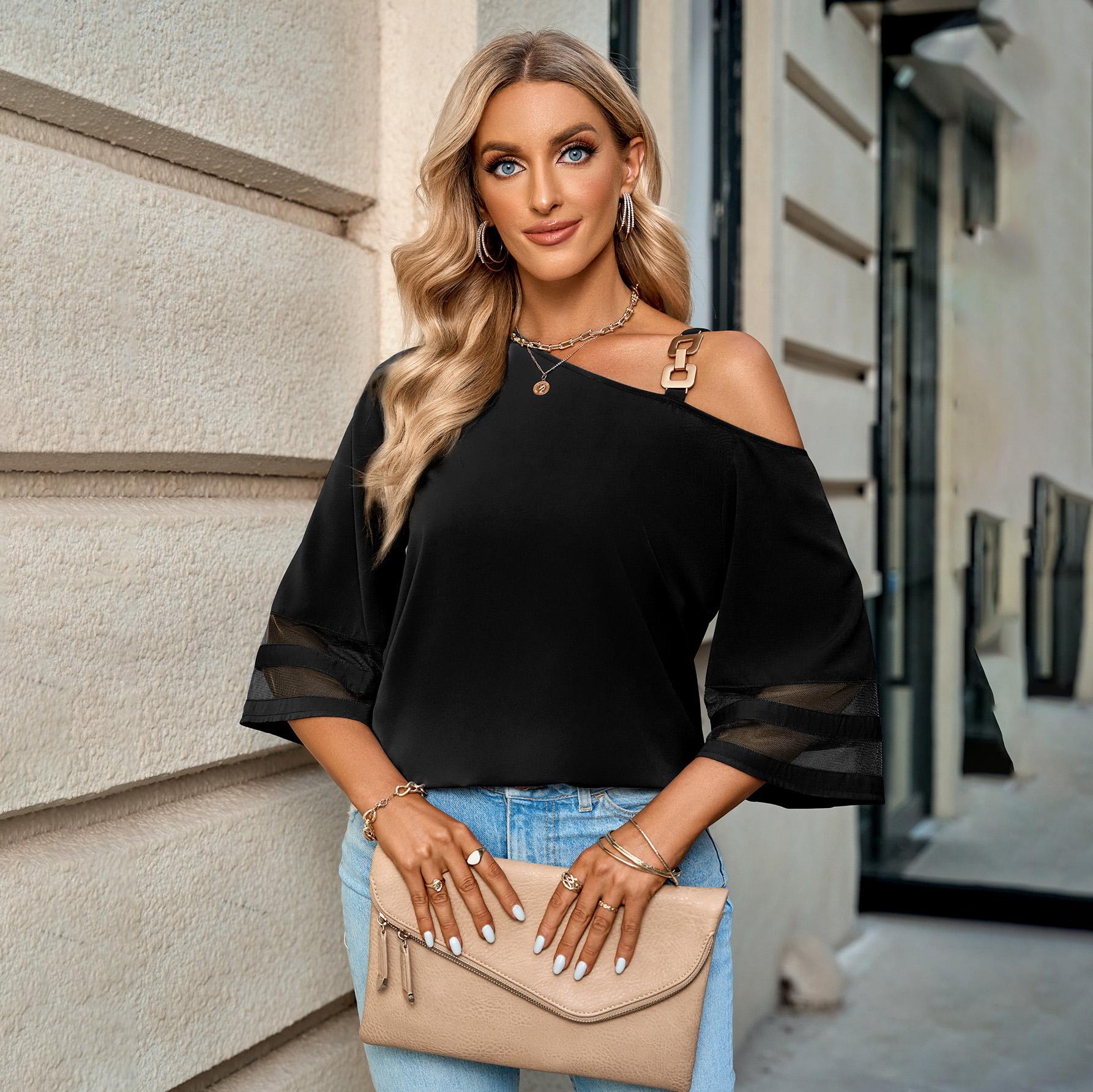 Женская рубашка весна-лето однотонного цвета с расклешенными рукавами, свободная блузка с круглым вырезом и металлической пряжкой на одно плечо, топ-пуловер S-XL L чёрный
Женская рубашка весна-лето однотонного цвета с расклешенными рукавами, свободная блузка с круглым вырезом и металлической пряжкой на одно плечо, топ-пуловер S-XL L чёрный