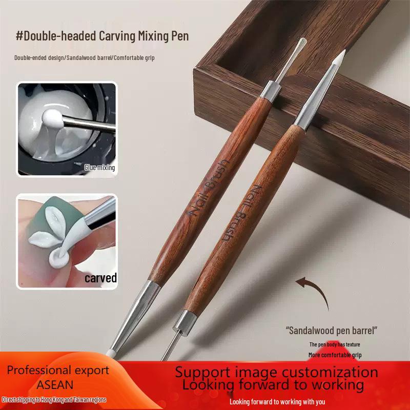 Sandalwood Double-Ended Gel Nail Art Brush with Silicone Tips for Sculpting, Painting, and Embossing
Sandalwood Double-Ended Gel Nail Art Brush with Silicone Tips for Sculpting, Painting, and Embossing