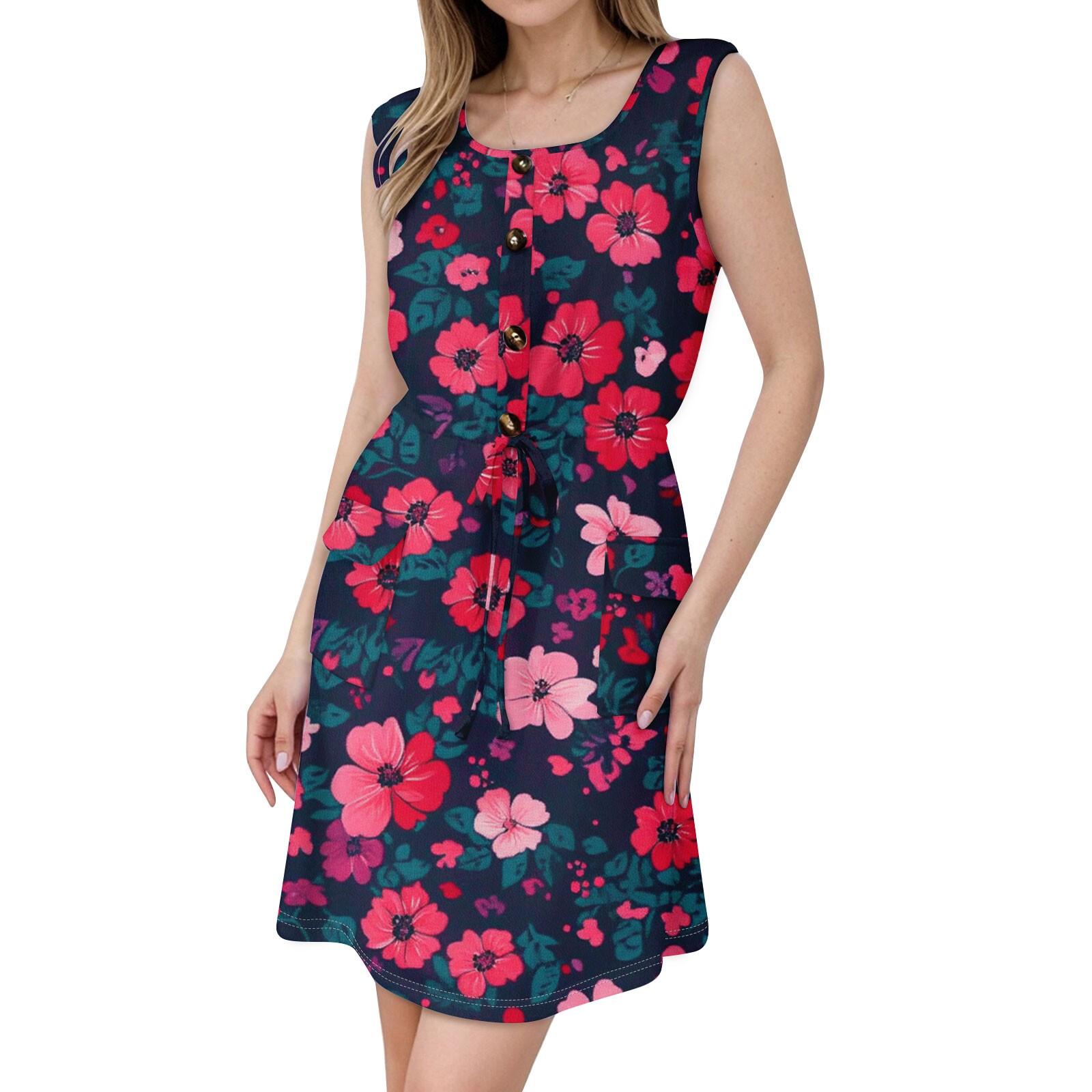 Women s Fashion Sleeveless Round Neck Printed Decorative Button Double Pocket Lace-up Dress M ціан
Women s Fashion Sleeveless Round Neck Printed Decorative Button Double Pocket Lace-up Dress M ціан