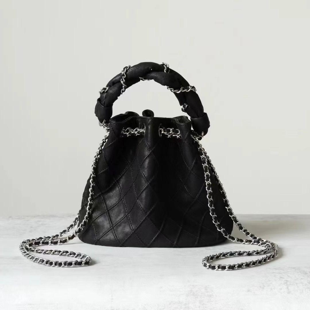 Сумка-ведро из овчины 2025 Новая модная сумка-цепочка в клетку Сумка кроссбоди Расслабленная ленивая женская сумка 21x13x20cm чёрный