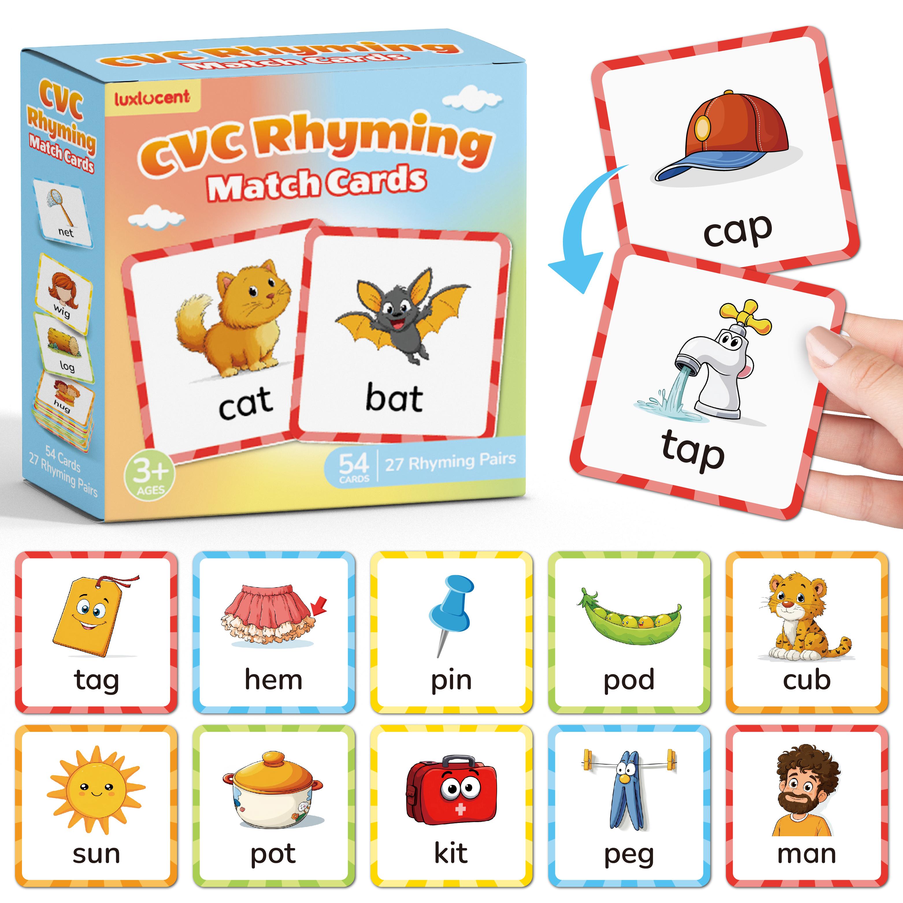 54pcs CVC Rhyming Words Flash Cards, Memory Match Game for Kids Ages 3-6, Phonics Learning Toys for Homeschool & Classroom
54pcs CVC Rhyming Words Flash Cards, Memory Match Game for Kids Ages 3-6, Phonics Learning Toys for Homeschool & Classroom