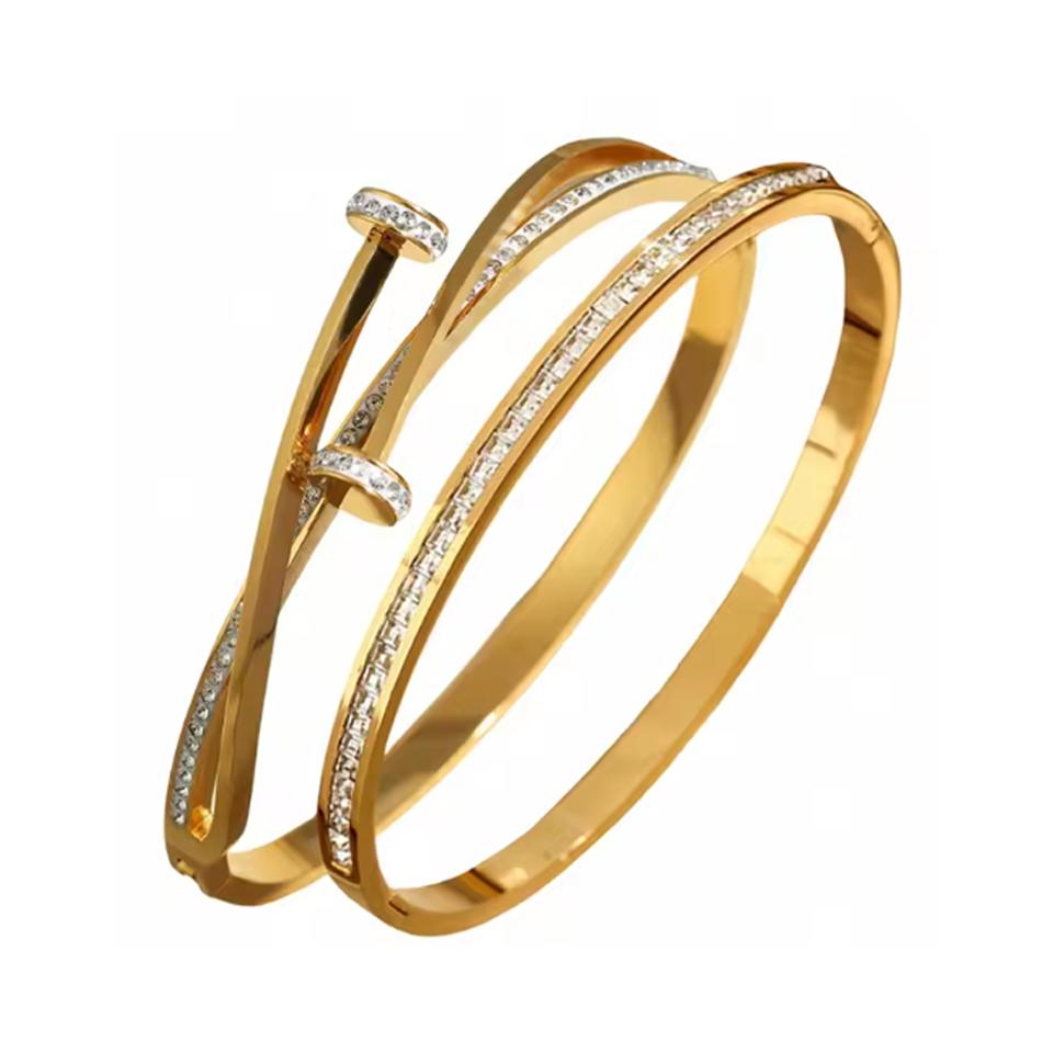 ZAKOL 2 штуки Классический открытый браслет с гвоздиками для женщин Блестящие циркониевые вставки Набор браслетов из нержавеющей стали Женские подарки с цирконием
ZAKOL 2 штуки Классический открытый браслет с гвоздиками для женщин Блестящие циркониевые вставки Набор браслетов из нержавеющей стали Женские подарки с цирконием