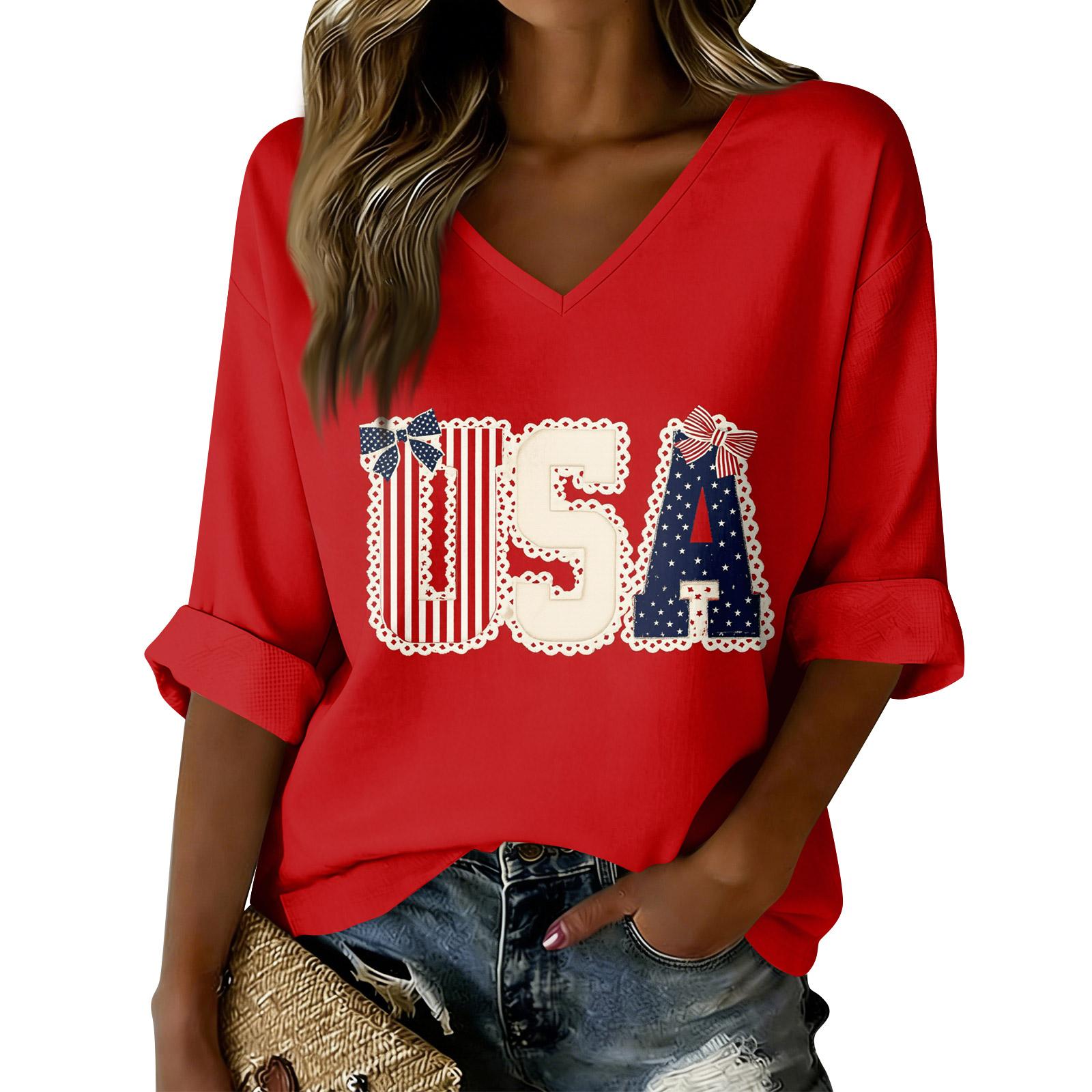 Womens V Neck Loose Fit Casual Top with USA Letter Print Rolled Sleeve Pullover Blouse Comfortable Material L
Womens V Neck Loose Fit Casual Top with USA Letter Print Rolled Sleeve Pullover Blouse Comfortable Material L