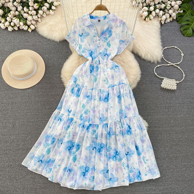 French Style Retro Lapels A- line Floral Dress Short Sleeve Blue All yards
French Style Retro Lapels A- line Floral Dress Short Sleeve Blue All yards