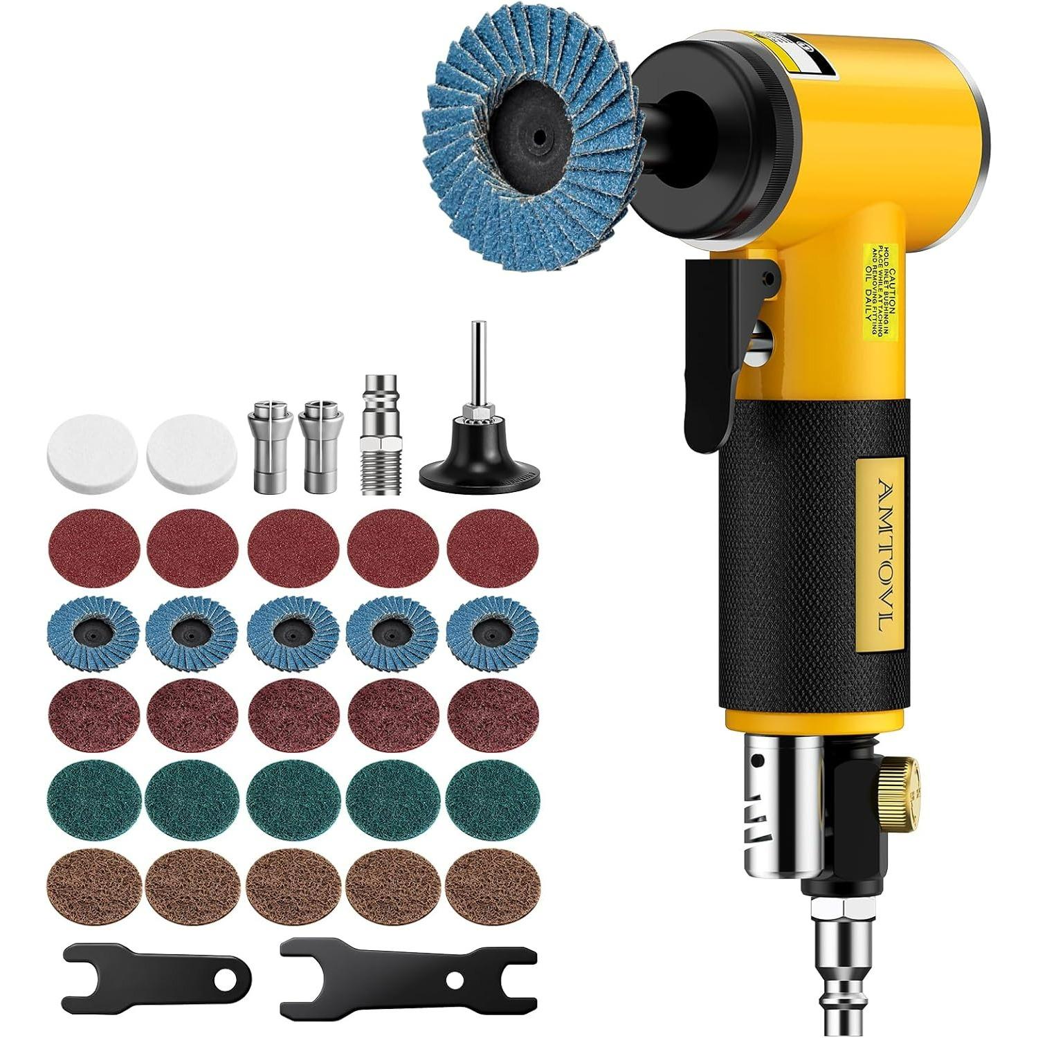 Air Die Grinder Kit, Right Angle Die Grinder with 1/4 1/8 Collets and 2 Quick Change Roll Lock Sanding Discs Accessories Set, 20,000RPM Pneumatic Q1
Air Die Grinder Kit, Right Angle Die Grinder with 1/4 1/8 Collets and 2 Quick Change Roll Lock Sanding Discs Accessories Set, 20,000RPM Pneumatic Q1