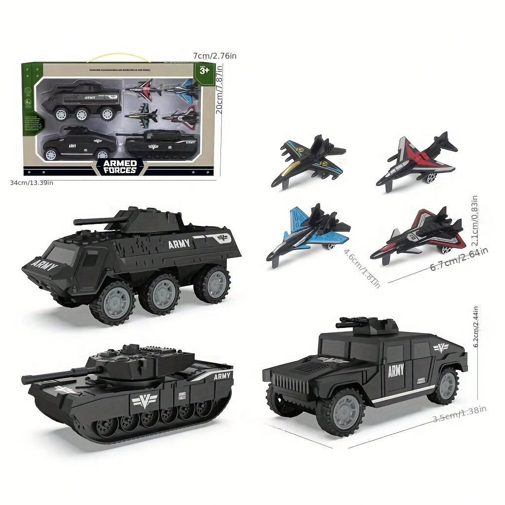 Inertial Military Toy Set: Armored Car, Tank, Fighter Plane, Police Car in Brown, Green, Black хаки
Inertial Military Toy Set: Armored Car, Tank, Fighter Plane, Police Car in Brown, Green, Black хаки