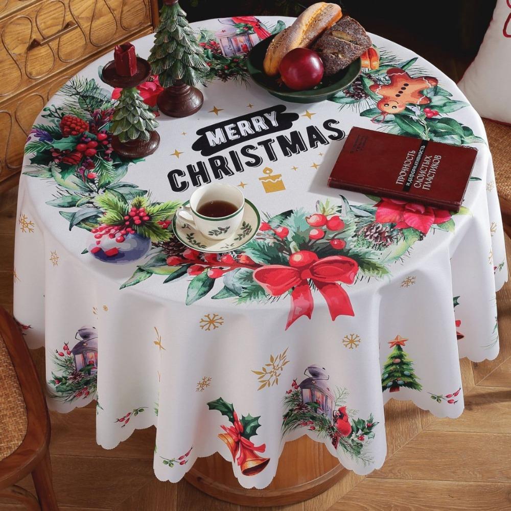 Рождественская круглая скатерть водонепроницаемая маслостойкая с принтом снежинок и Санты праздничный декор для обеда Diameter 120CM