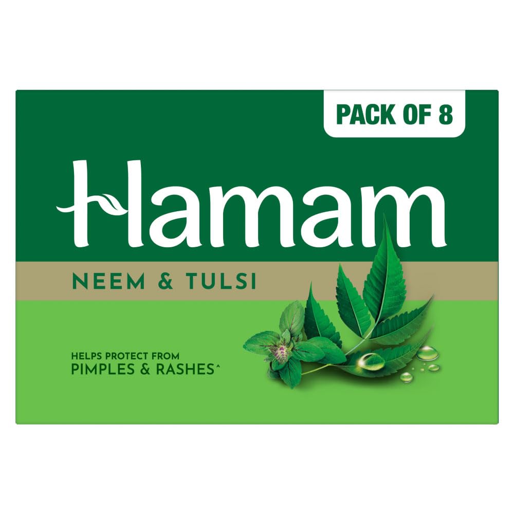 Hamam Neem Tulsi & Aloe Vera Bathing Soap for Body 150 g (Combo Pack of 8) Purifying Soap Bar with Pure Neem Oil and Best of Natural Ingredients
Hamam Neem Tulsi & Aloe Vera Bathing Soap for Body 150 g (Combo Pack of 8) Purifying Soap Bar with Pure Neem Oil and Best of Natural Ingredients