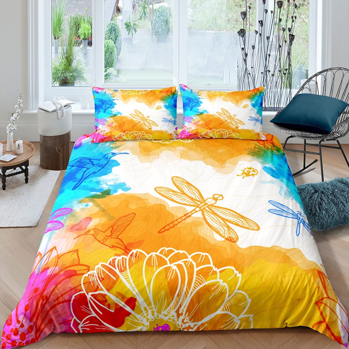 Комплект постельного белья Lotus из 3 предметов для девочек, пододеяльник из полиэстера с принтом в виде белого лотоса и синими бабочками EU Single(135x200cm)