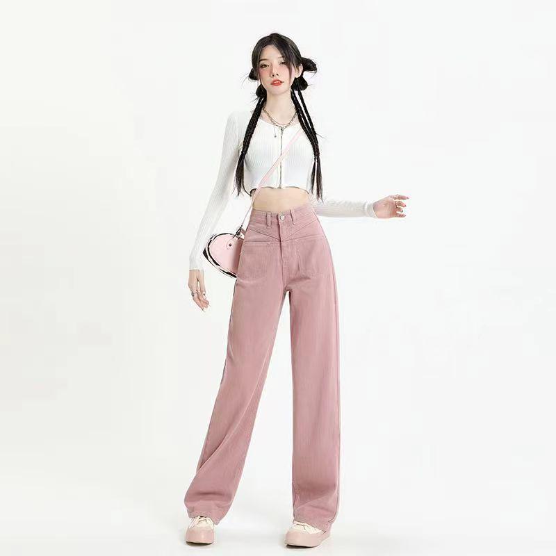 2024 Женские прямые джинсы с высокой посадкой грязного розового цвета - Свободный крой, Прилегающий силуэт, Модный стиль швабры Extra Large розовый