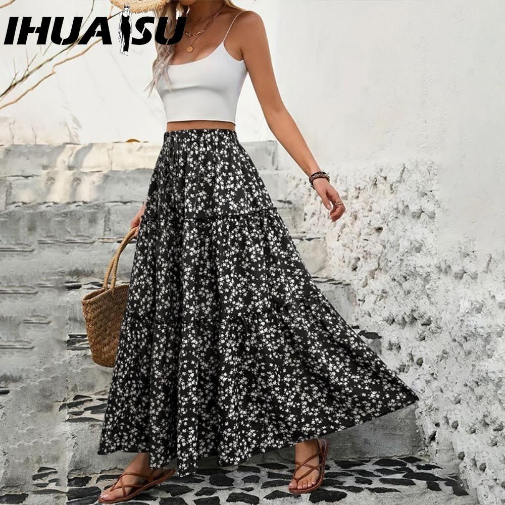 IHUASU Женская Модная Повседневная Юбка с Цветочным Принтом на Лето Весну S чёрный