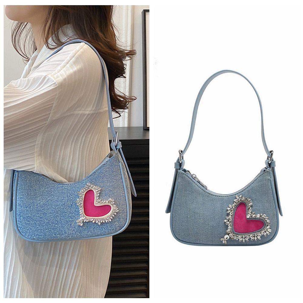 Zipper Heart Denim Shoulder Bag Shiny Denim Crossbody Bag Casual Heart Shape Underarm Bag Travel синій 
Zipper Heart Denim Shoulder Bag Shiny Denim Crossbody Bag Casual Heart Shape Underarm Bag Travel синій
