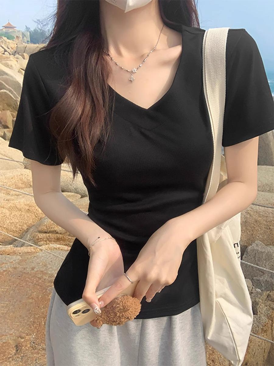 Low Neck Clavicle Front Shoulder Half Sleeve White Short Sleeve T-Shirt Female Sweet Spice Skinny Waist Small Summer Top XL чорний
Low Neck Clavicle Front Shoulder Half Sleeve White Short Sleeve T-Shirt Female Sweet Spice Skinny Waist Small Summer Top XL чорний