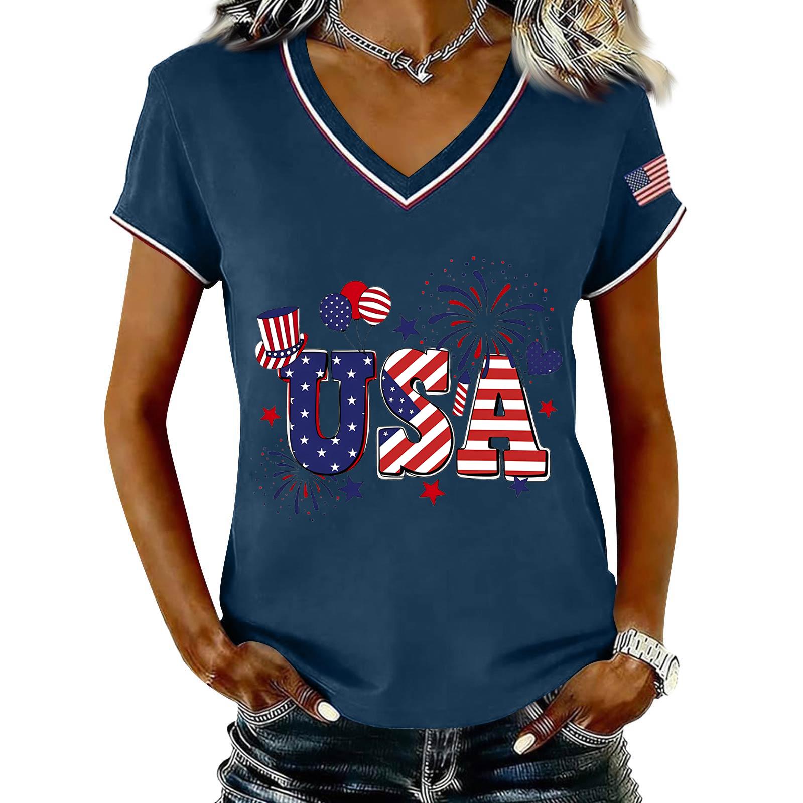 Women V Neck Short Sleeve Pullover T Shirt with USA Letter Print and Pattern Casual Loose Fit Top L Темно-синій
Women V Neck Short Sleeve Pullover T Shirt with USA Letter Print and Pattern Casual Loose Fit Top L Темно-синій