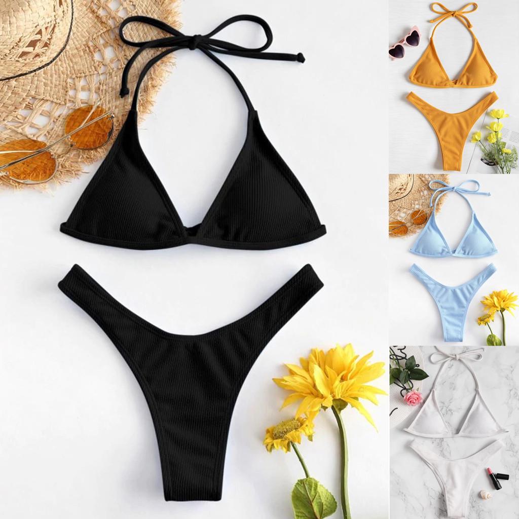 Women Sexy Solid Push Up High Cut Lace Up Halter Bikini Set Two Piece