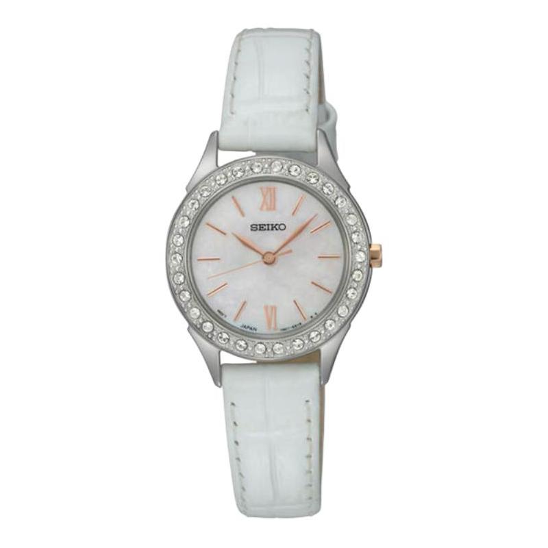 SEIKO 30 meters waterproof Quartz leather strap 24mm women s watch mother-of-pearl dial SXGP33
SEIKO 30 meters waterproof Quartz leather strap 24mm women s watch mother-of-pearl dial SXGP33