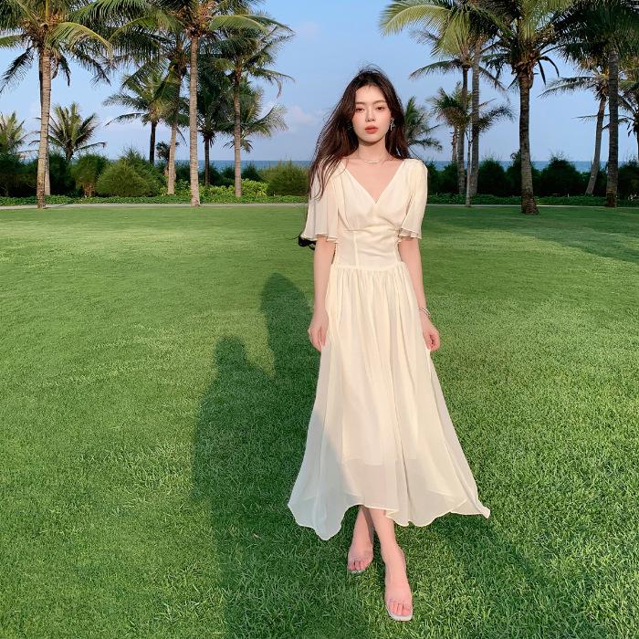 Женское платье-футляр из шифона с V-образным вырезом и подтяжками, светло-абрикосового цвета, 2024 г., длина выше колена Extra Large абрикосовый света