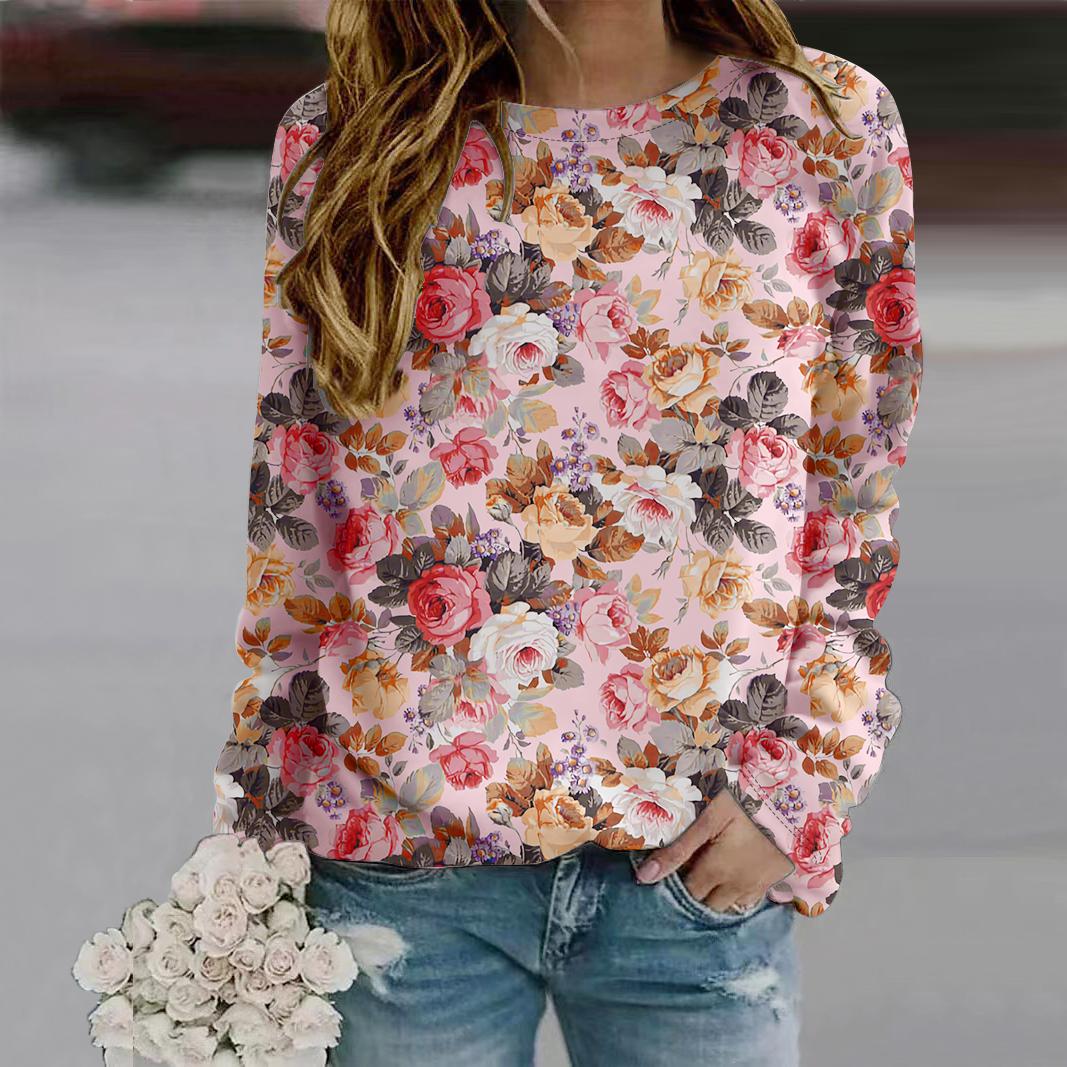 Осенне-осенняя женская модная футболка с длинным рукавом и круглым вырезом, свободная одежда, фиолетовая футболка с принтом роз для девочек, уличная 8XL розовый