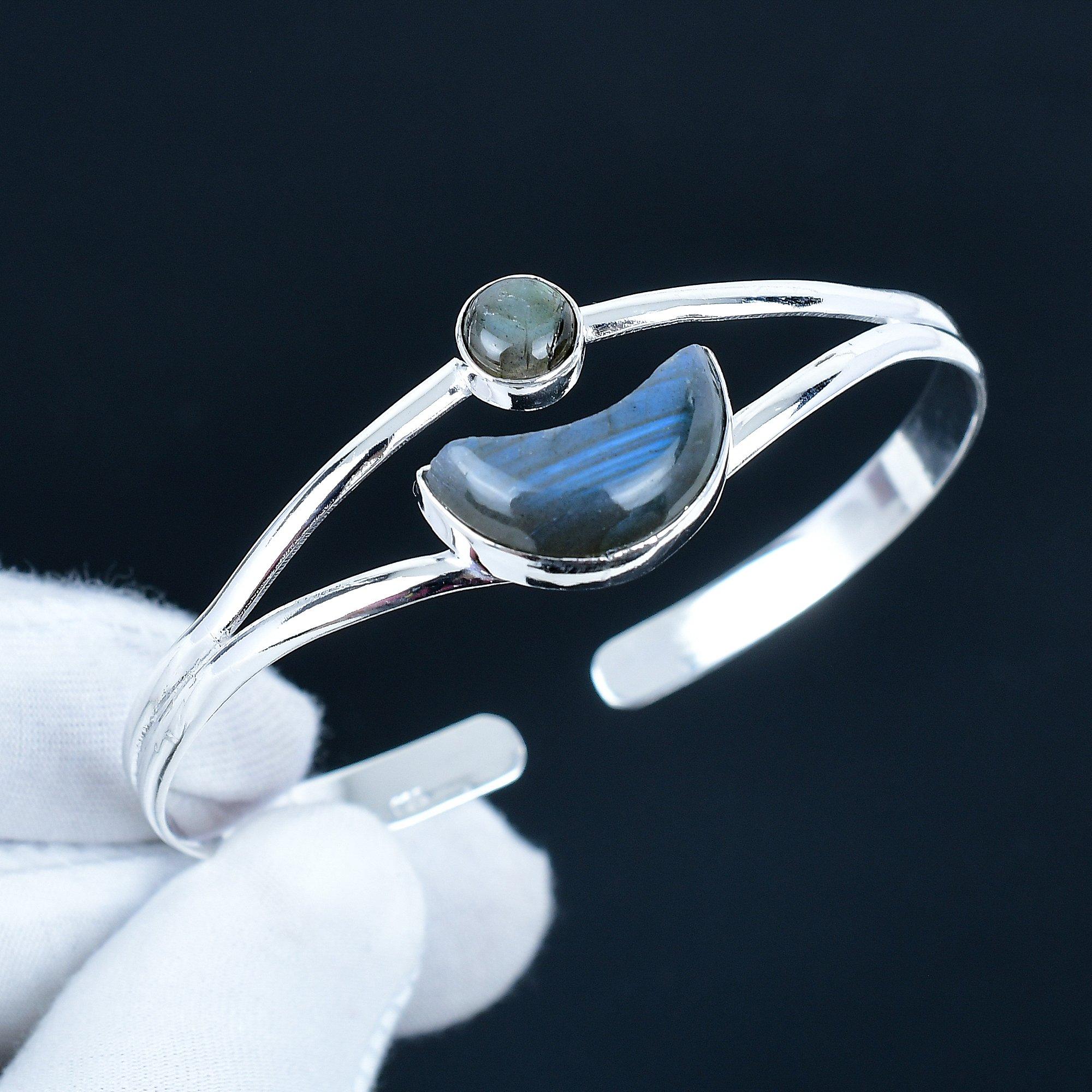 Натуральный Лабрадорит Драгоценный Камень Ручной Работы Манжета Браслет 925 Стерлинговое Серебро Манжета Браслет, Браслет с Лабрадоритом для Жены, Унисекс Браслет, Подарок на День Святого Валентина 7 синий