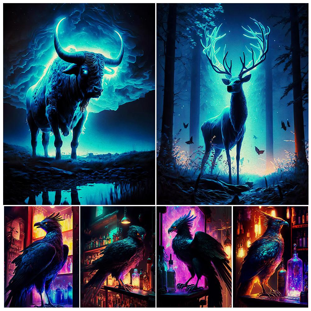 Святой Олень, Корова, Феникс, Ворона Ретро Настенное Искусство Печать на Холсте Сюрреалистические Таинственные Животные Сюрреалистическое Искусство