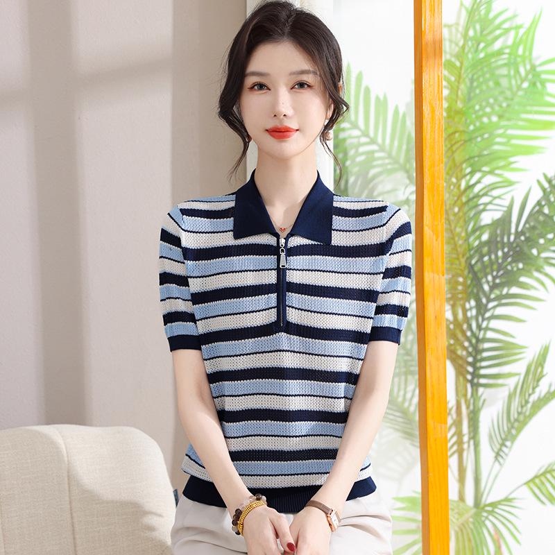 New Arrival Women s Striped Polo Collar Knit Top - Slimming Short Sleeve T-shirt for Moms XL (for 100-110 lbs) темно-синий
New Arrival Women s Striped Polo Collar Knit Top - Slimming Short Sleeve T-shirt for Moms XL (for 100-110 lbs) темно-синий