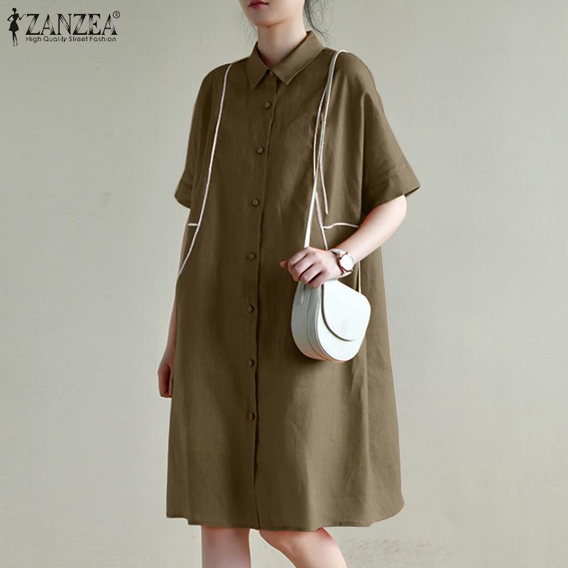 ZANZEA Женское повседневное свободное летнее платье с отложным воротником и короткими рукавами