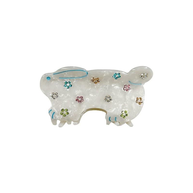 1 шт. Осенне-зимняя заколка для волос в виде бегущего кролика с цветком и бриллиантом, милый ацетатный зажим-акула, аксессуары для волос