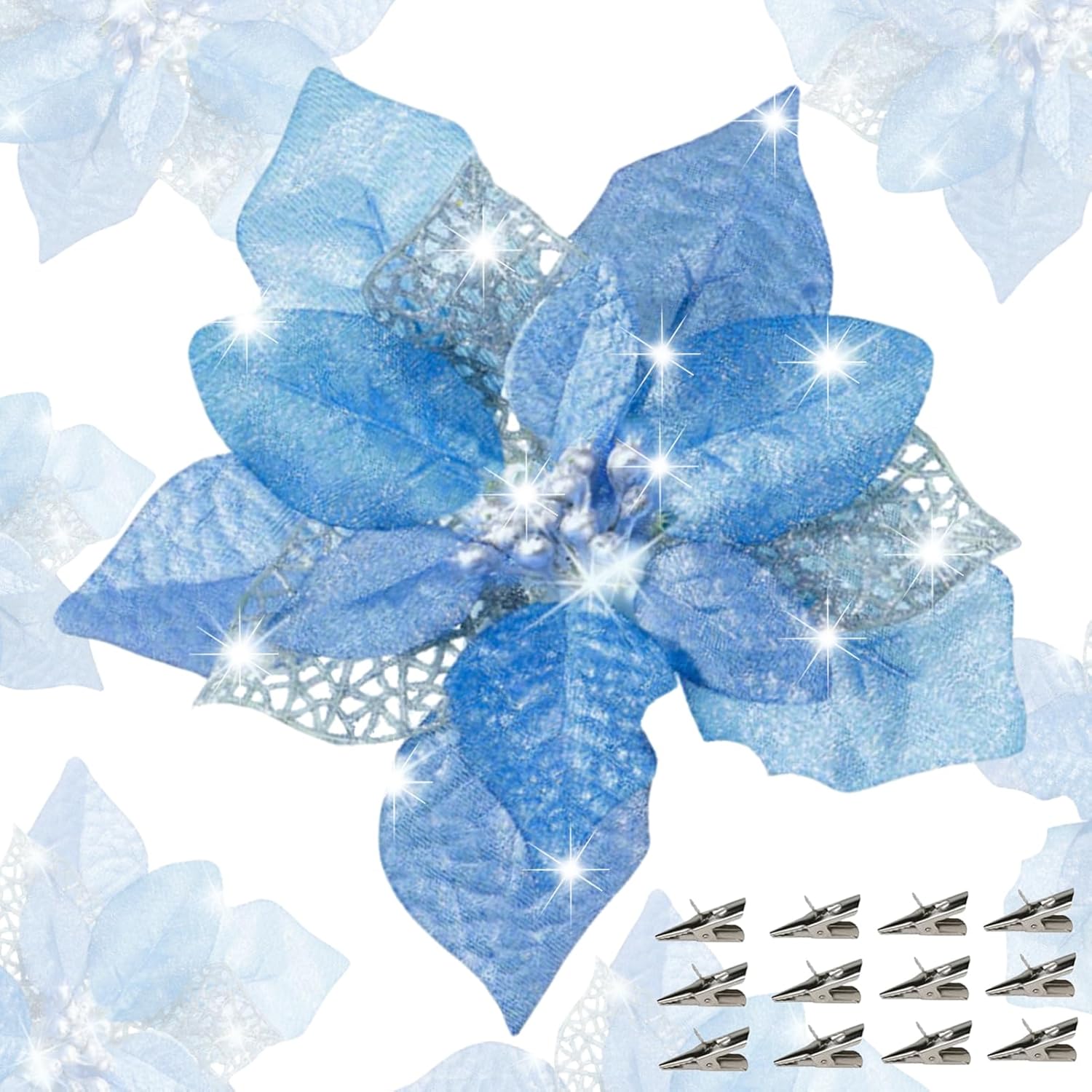 24 Pcs Artificial Silver Poinsettia Flowers with Clips for Christmas Tree, Wedding, Wreath, DIY Garland Decor 0.6M синій
24 Pcs Artificial Silver Poinsettia Flowers with Clips for Christmas Tree, Wedding, Wreath, DIY Garland Decor 0.6M синій