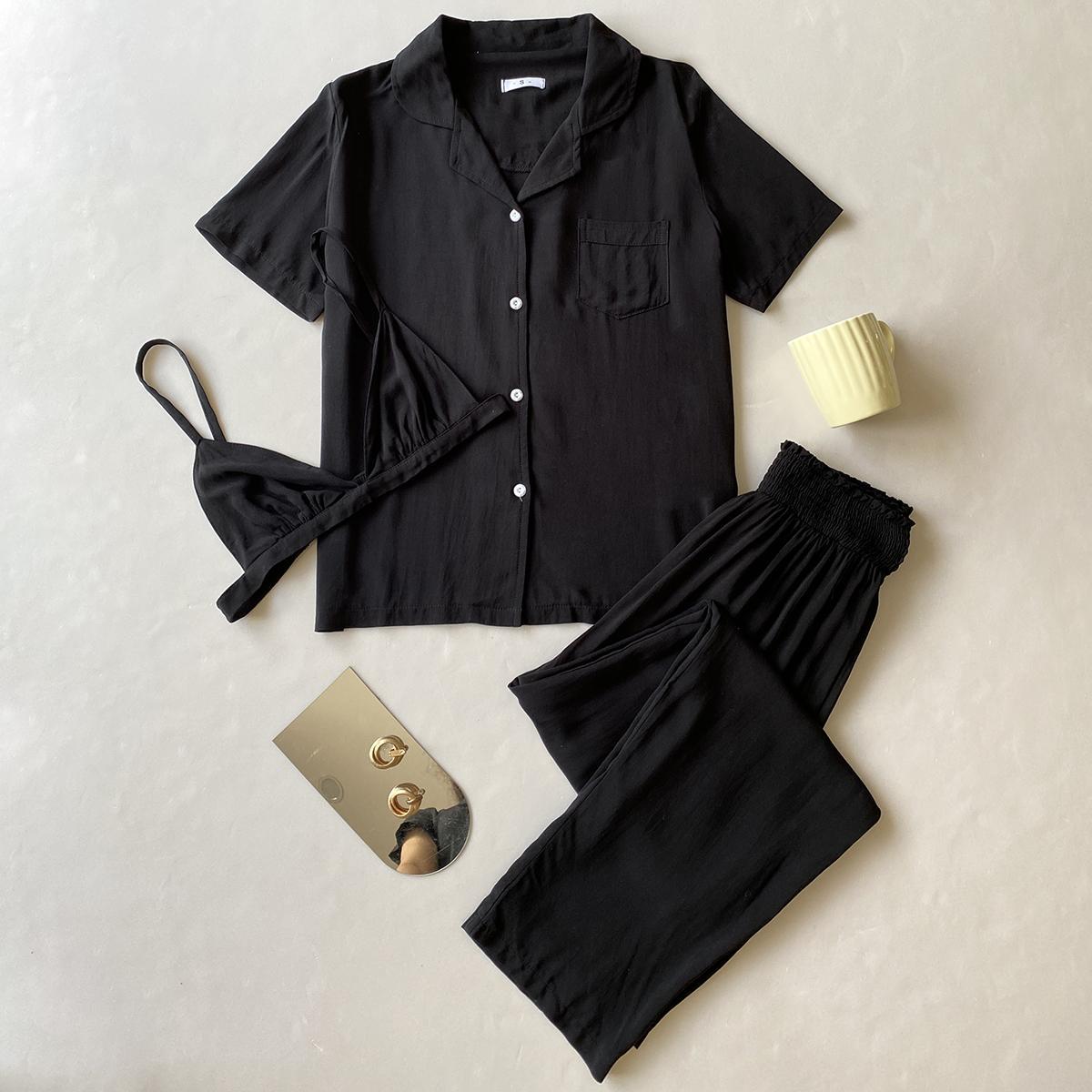 Пижамы женские весенне-осенние кардиганы с короткими рукавами Домашняя одежда Комплект из трех предметов Спальные костюмы XL чёрный
Пижамы женские весенне-осенние кардиганы с короткими рукавами Домашняя одежда Комплект из трех предметов Спальные костюмы XL чёрный