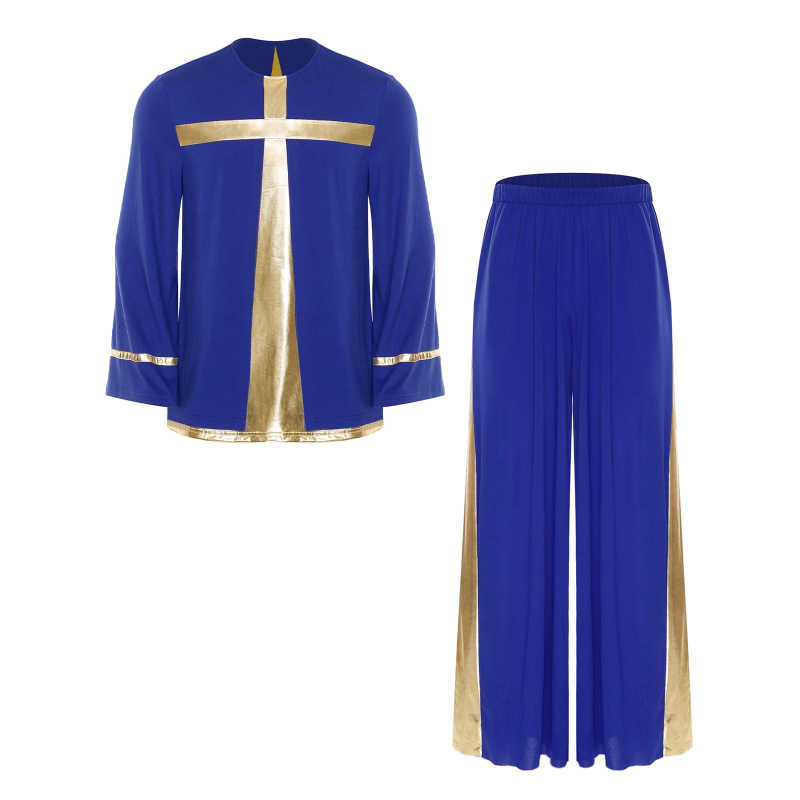 Mens Liturgical Worship Dance Set Tunic Metallic Shiny Cross Design Long Sleeve Pullover Top Wide Leg Pants XL королівський синій колір
Mens Liturgical Worship Dance Set Tunic Metallic Shiny Cross Design Long Sleeve Pullover Top Wide Leg Pants XL королівський синій колір