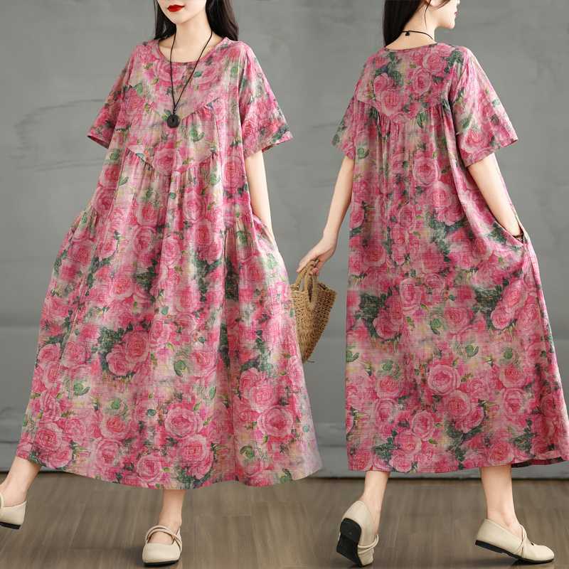 Retro Cotton and Linen Round Neck Short Sleeved Dress for Women, Loose A-line Skirt XL
Retro Cotton and Linen Round Neck Short Sleeved Dress for Women, Loose A-line Skirt XL