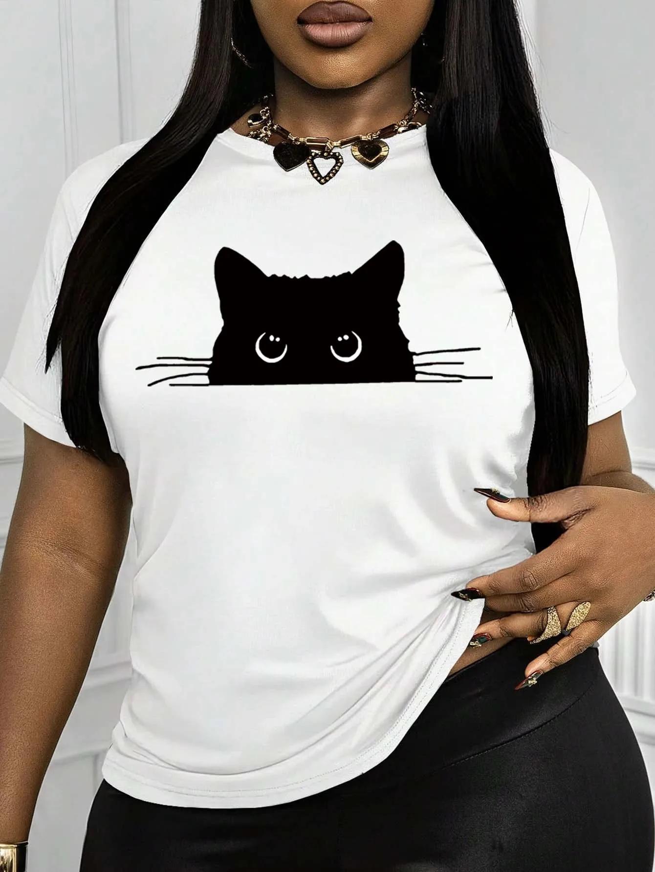 Fashionable casual T-shirt with cute graphic of cat looking plus size S
Fashionable casual T-shirt with cute graphic of cat looking plus size S
