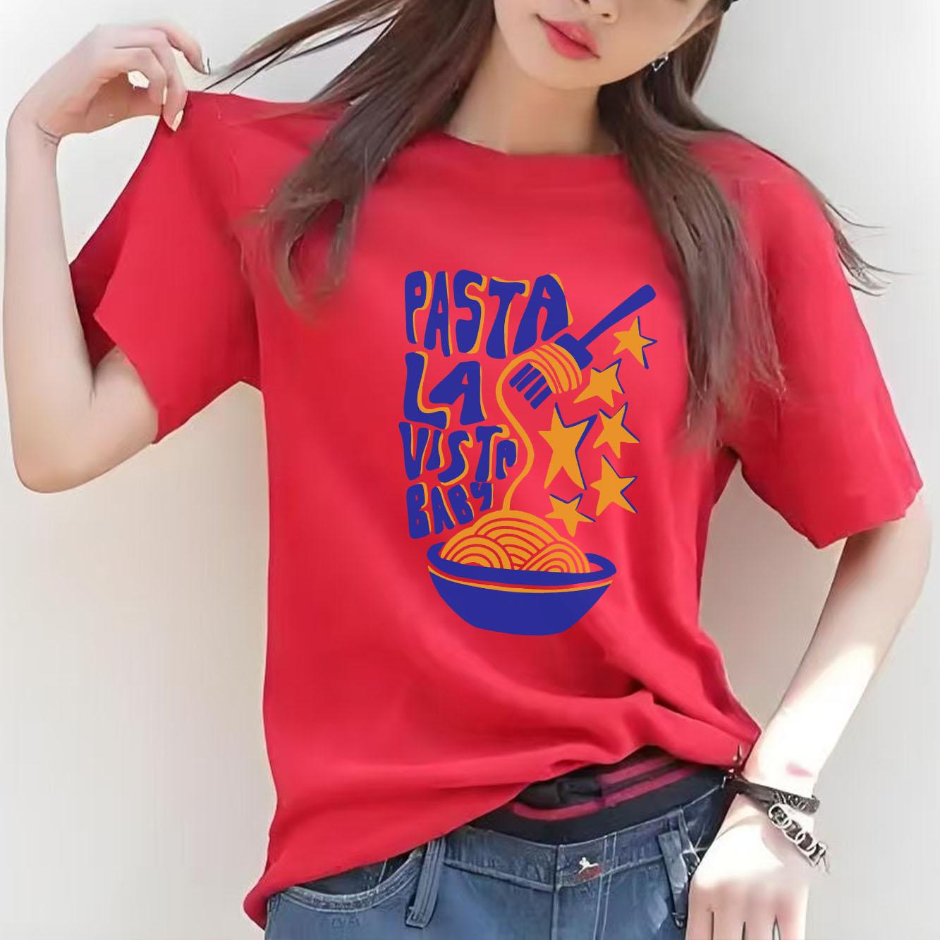 Fashionable and delicious spaghetti print pattern short sleeved round neck daily versatile Womens Tshirt S
Fashionable and delicious spaghetti print pattern short sleeved round neck daily versatile Womens Tshirt S