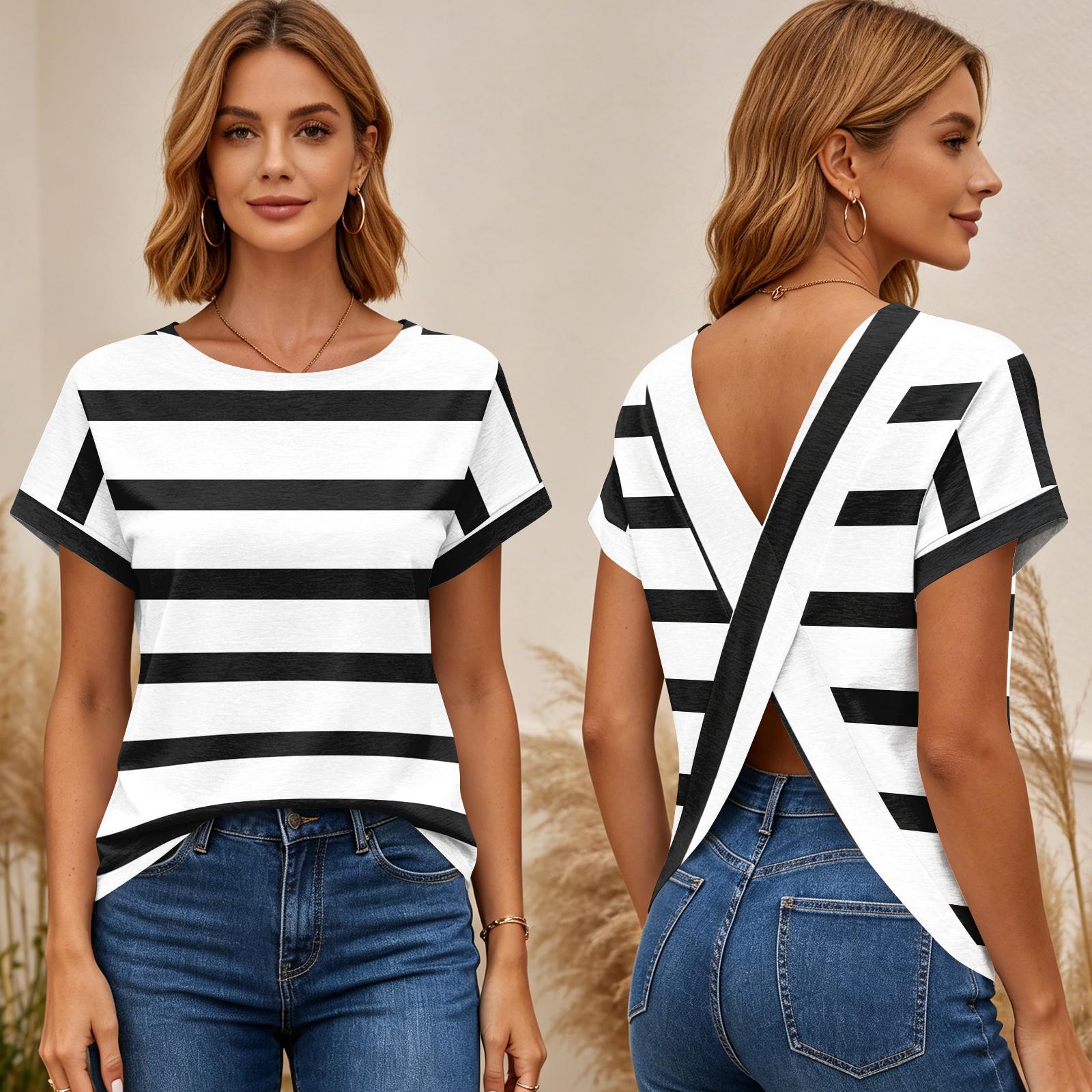 Women s Short Sleeve Striped Print Top Cross Back Open Back T-Shirt Casual Summer Blouse Lightweight Soft Fabric S
Women s Short Sleeve Striped Print Top Cross Back Open Back T-Shirt Casual Summer Blouse Lightweight Soft Fabric S