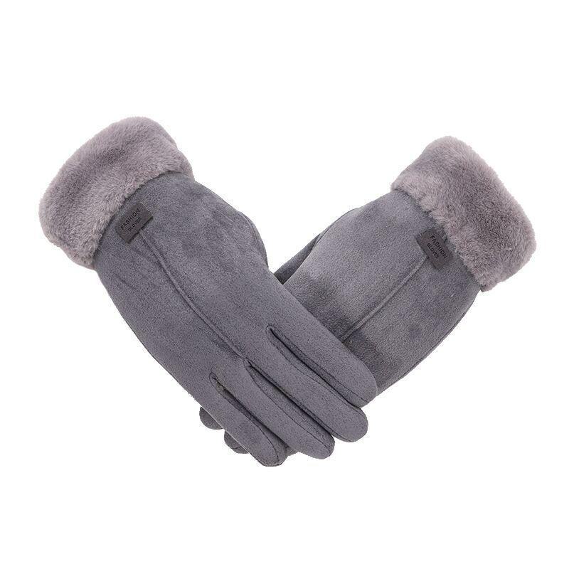 Женские замшевые зимние перчатки в корейском стиле: Толстая, бархатная, совместимая с сенсорными экранами, модная защита для езды на велосипеде и вождения. one line, One Size серый