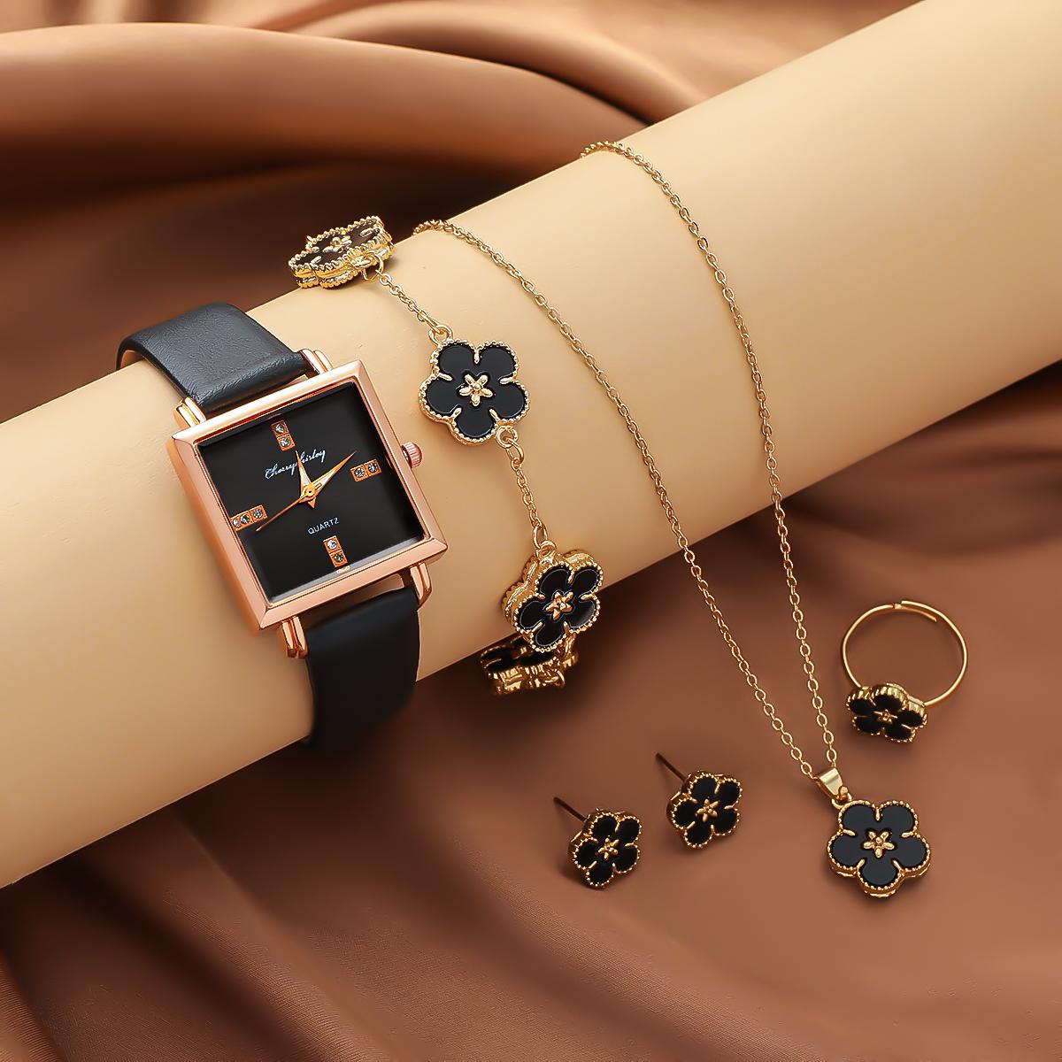 5-piece set of luxury diamond studded starry sky belt quartz watch with flower shaped accessories without gift box чёрный
5-piece set of luxury diamond studded starry sky belt quartz watch with flower shaped accessories without gift box чёрный