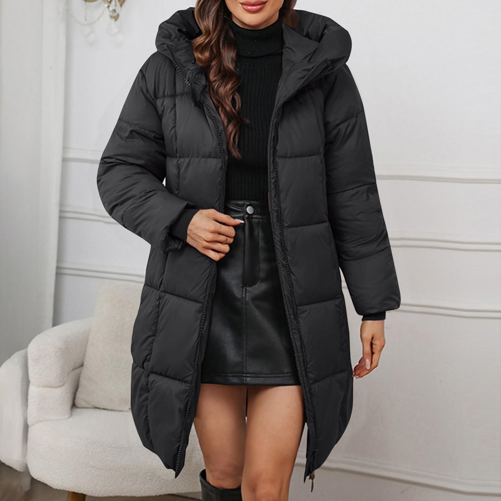 Женское однотонное пальто с капюшоном средней длины с толстой талией L чёрный