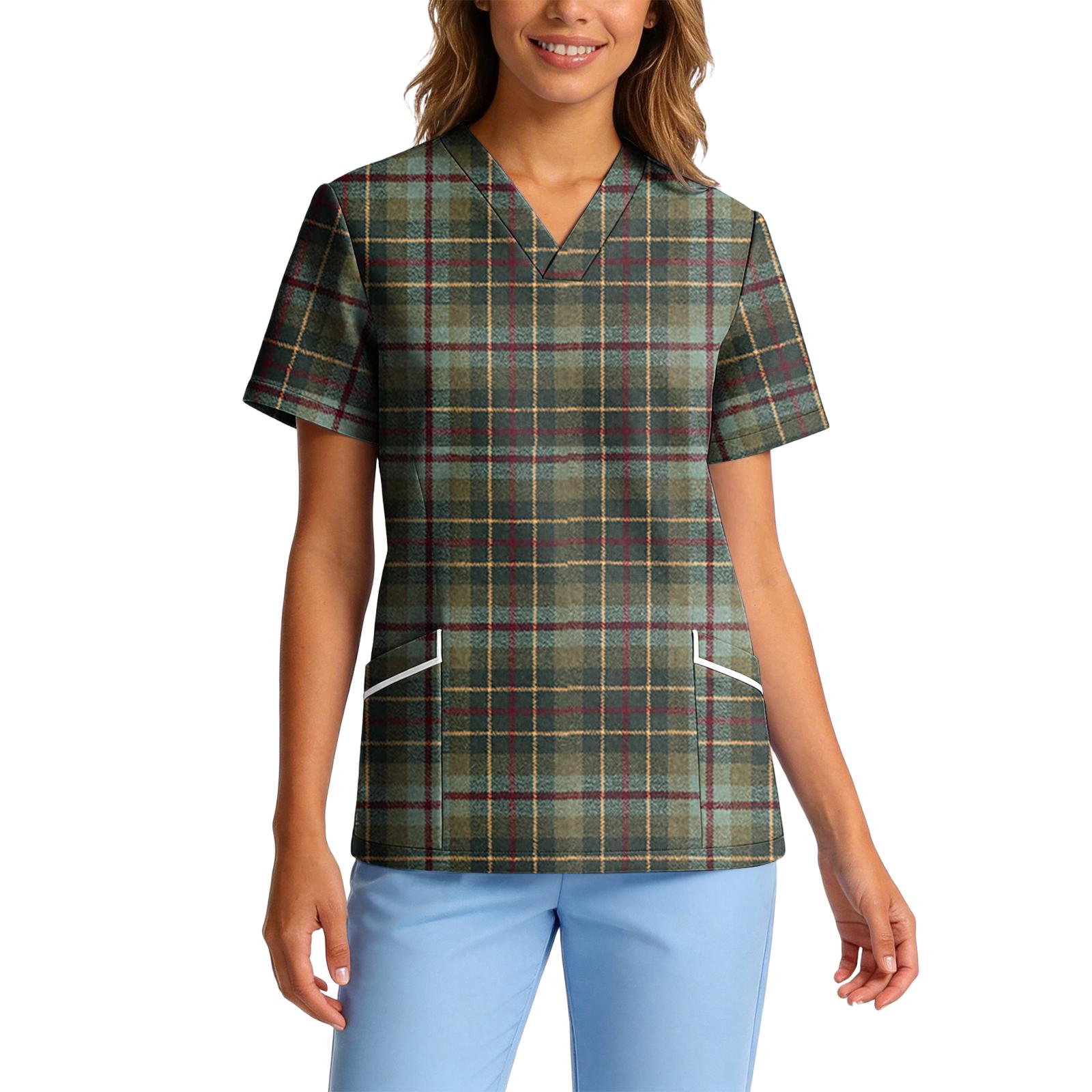 Women V Neck Plaid Print Short Sleeve Scrub Top with Pockets Stretchy Quick Dry Fabric for Work Uniforms XXL
Women V Neck Plaid Print Short Sleeve Scrub Top with Pockets Stretchy Quick Dry Fabric for Work Uniforms XXL