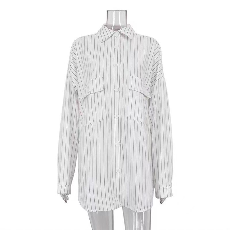 Fashion Polo Collar Stripes Shirt Loose Casual Shirt Long Sleeved Loose Striped Shirt White L
Fashion Polo Collar Stripes Shirt Loose Casual Shirt Long Sleeved Loose Striped Shirt White L