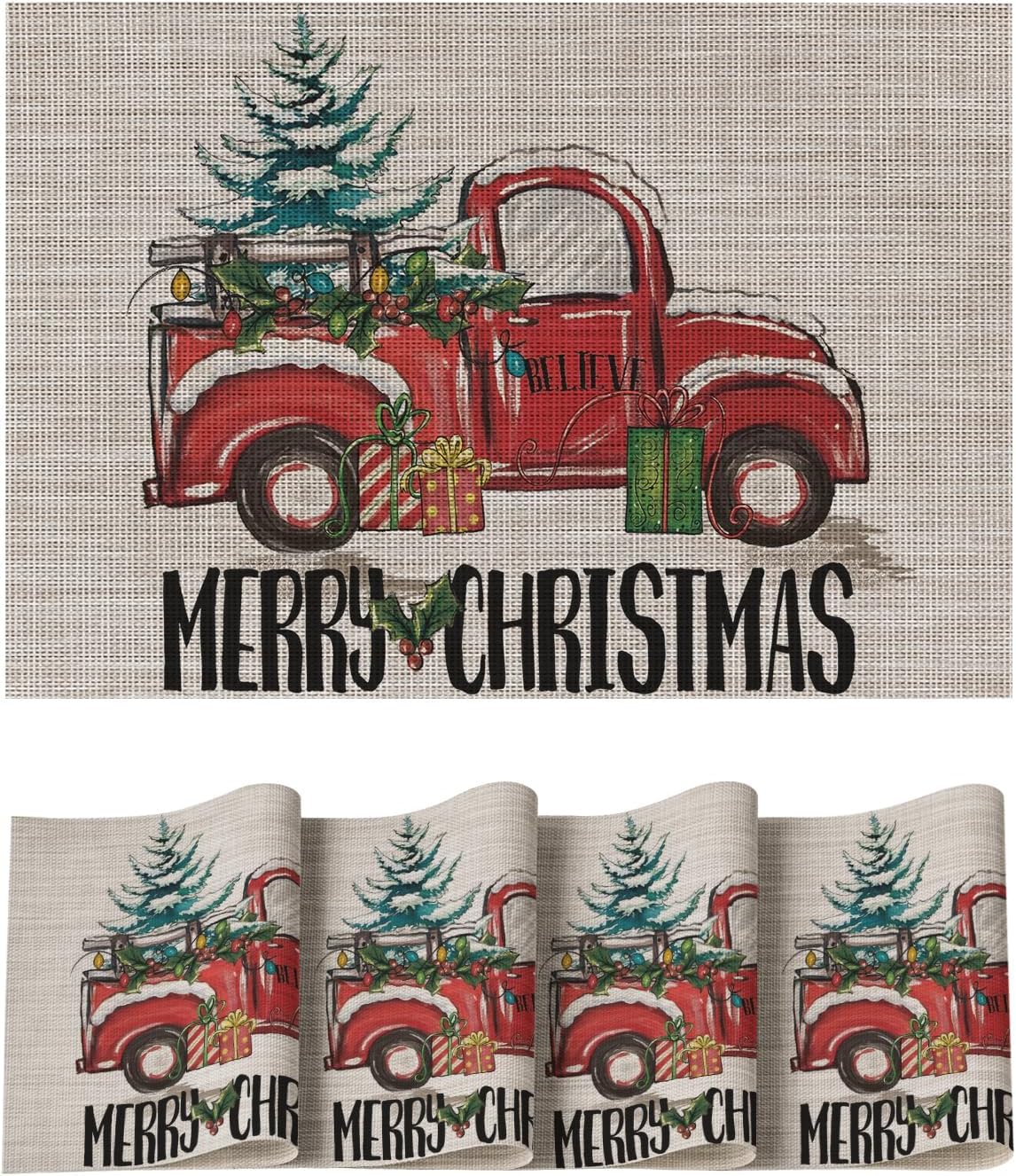 Truck Tree Christmas Vinyl Placemats Set of 4, 12x18 Inch Washable Non-Slip Heat Resistant Woven Plastic Table Mats for Party Dining Table 4pcs-12x18
Truck Tree Christmas Vinyl Placemats Set of 4, 12x18 Inch Washable Non-Slip Heat Resistant Woven Plastic Table Mats for Party Dining Table 4pcs-12x18