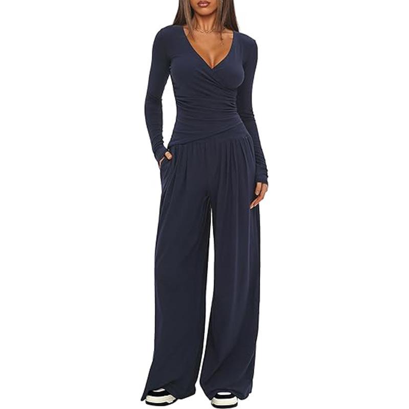 V-neck long-sleeved wide-leg pants casual match sports suit XS темно-синього кольору
V-neck long-sleeved wide-leg pants casual match sports suit XS темно-синього кольору