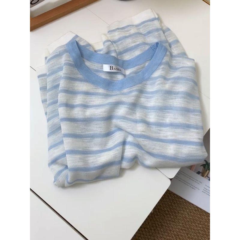 Blue and White Striped Round Neck Long-Sleeved Knitted Sun Protection Blouse for Women 2026 New Style Lazy Style Loose Casual Thin Top Blue and White Stripes S
Blue and White Striped Round Neck Long-Sleeved Knitted Sun Protection Blouse for Women 2026 New Style Lazy Style Loose Casual Thin Top Blue and White Stripes S