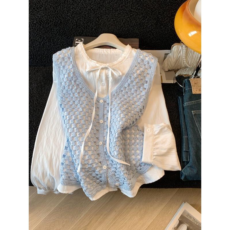 Blue Hollow Knitted Chain Vest Flared Sleeve Shirt Women s Morning Spring Reducing Top L
Blue Hollow Knitted Chain Vest Flared Sleeve Shirt Women s Morning Spring Reducing Top L