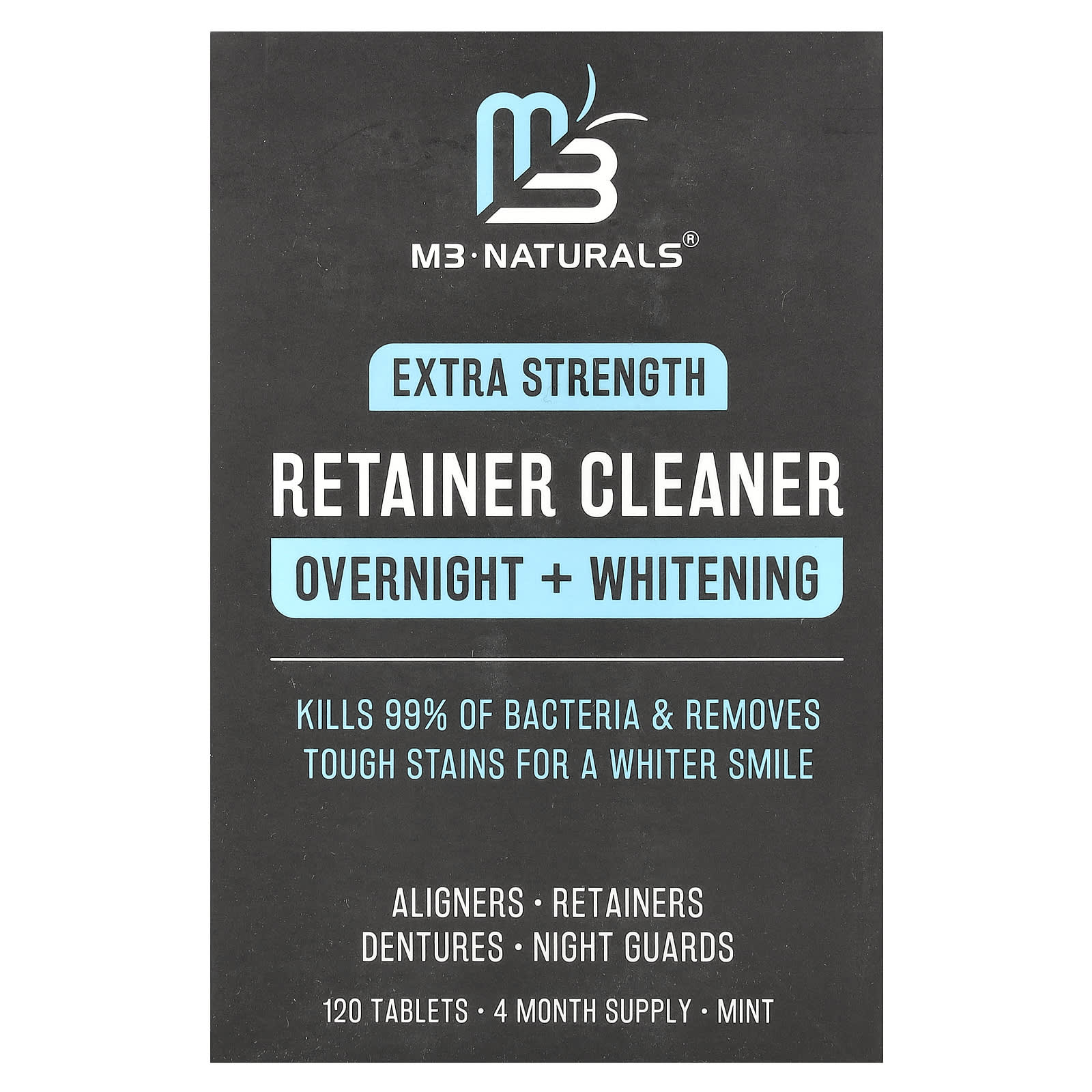 M3 Naturals, Retainer Cleaner, Overnight + Whitening, Extra Strength, Mint, 120 Tablets
M3 Naturals, Retainer Cleaner, Overnight + Whitening, Extra Strength, Mint, 120 Tablets